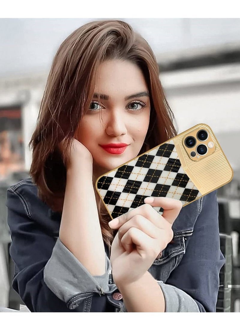 JOWAY iPhone 12 Pro Max Luxury Gold Plated Case Hybrid Electroplated Frame Back Cover with Carbon Fiber Texture Rhombus Pattern White/Black  - Image 4