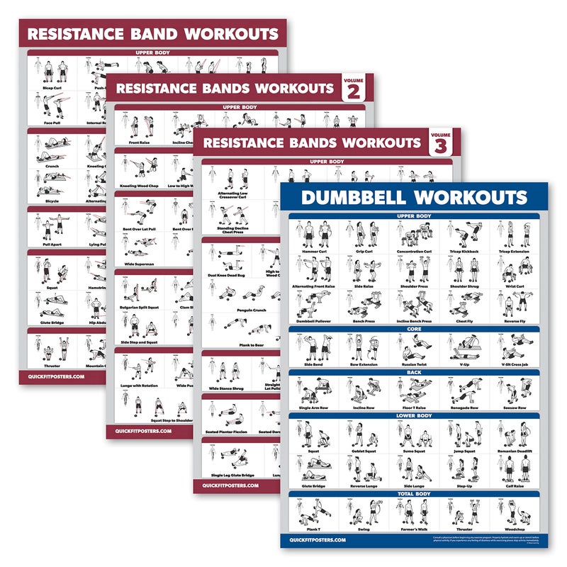Palace Learning 4 Pack - Resistance Bands Workout Posters Volume 1, 2 & 3 + Dumbbell Exercise Chart (LAMINATED, 18" x 24") - Image 1
