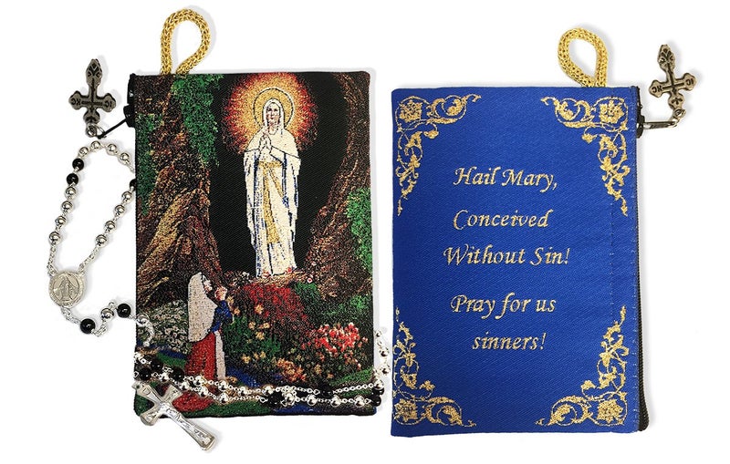 Religious Gifts 2 Sided Our Lady of Lourdes Tapestry Rosary Icon Pouch with Prayer 5 38 Inch
