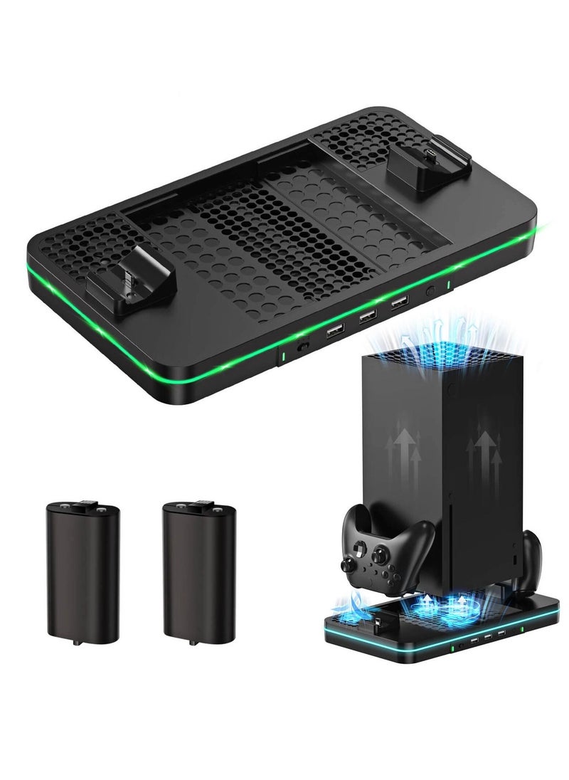 SYOSI - Cooling Stand Compatible with Xbox Series S, Dual Purpose Cooling Fan with 2 X 1100 mAh Handle Rechargeable Battery Station & 3 USB Ports, Dual Controller Cooler System Dock for Xbox Series X/S - Image 1