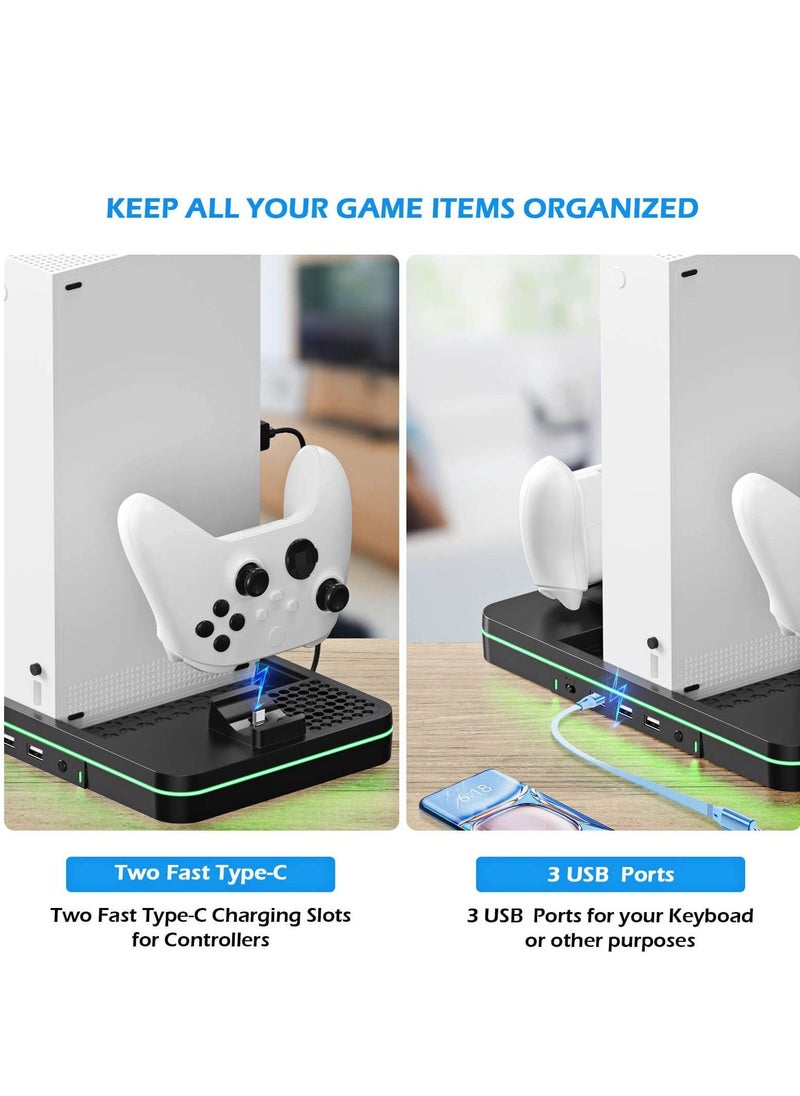 SYOSI - Cooling Stand Compatible with Xbox Series S, Dual Purpose Cooling Fan with 2 X 1100 mAh Handle Rechargeable Battery Station & 3 USB Ports, Dual Controller Cooler System Dock for Xbox Series X/S - Image 1