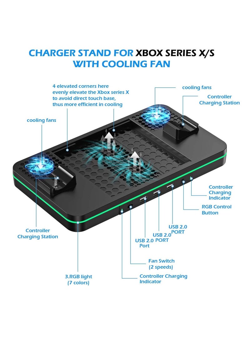SYOSI - Cooling Stand Compatible with Xbox Series S, Dual Purpose Cooling Fan with 2 X 1100 mAh Handle Rechargeable Battery Station & 3 USB Ports, Dual Controller Cooler System Dock for Xbox Series X/S - Image 1