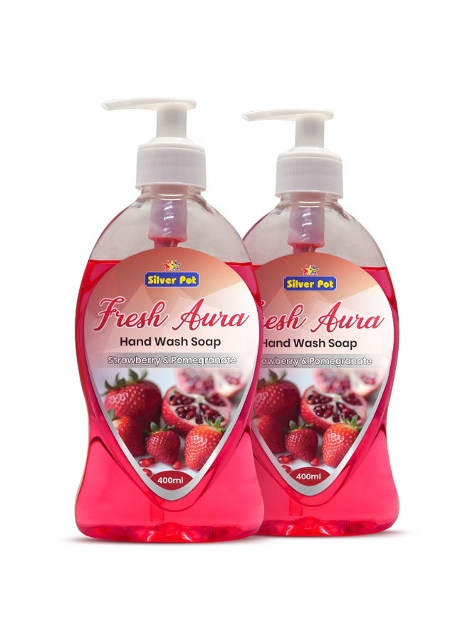 Silver Pot - Fresh Aura, Strawberry & Pomegranate Hand Wash, Pack of 2 x 400ml each, Moisturizing Liquid Soap, Gentle Cleansing, Effective Germ Protection, Refreshing Fragrance, 10x Odor Removal - Image 1