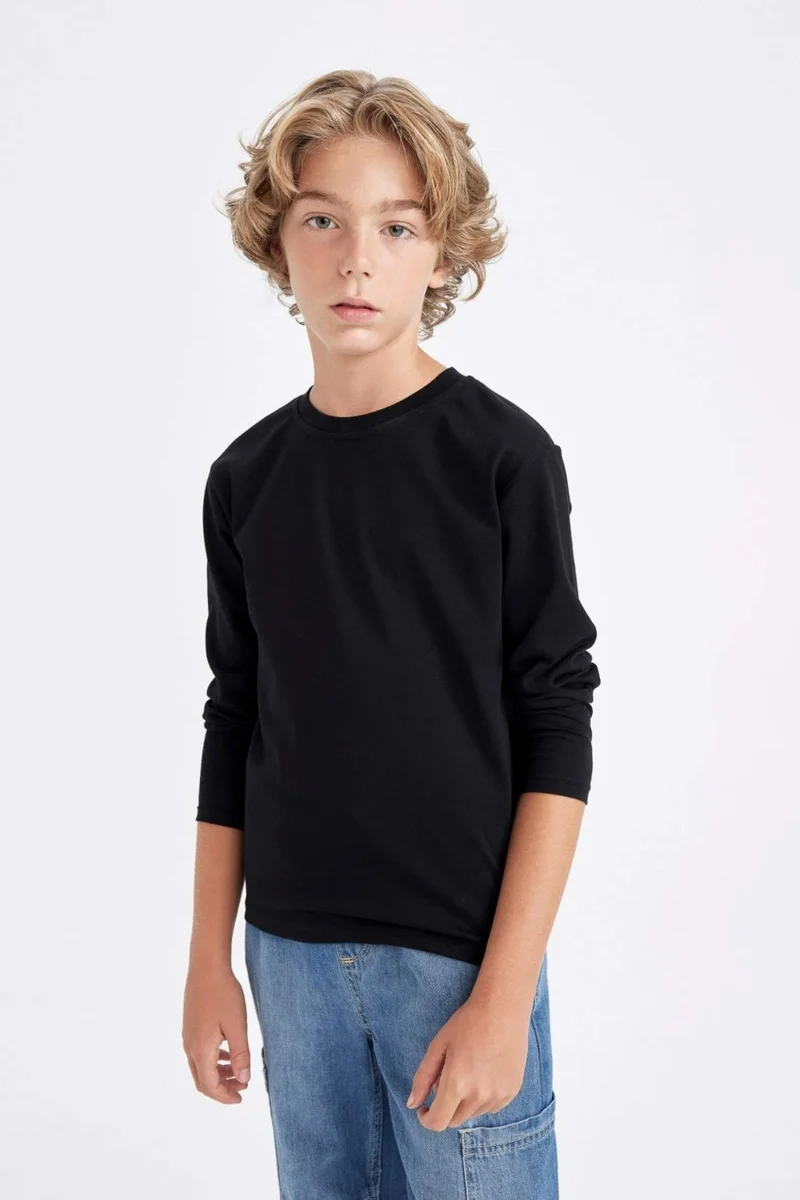 ديفاكتو Boy's Crew Neck Basic Plain Black Long Sleeve School T-Shirt K1686A624AU