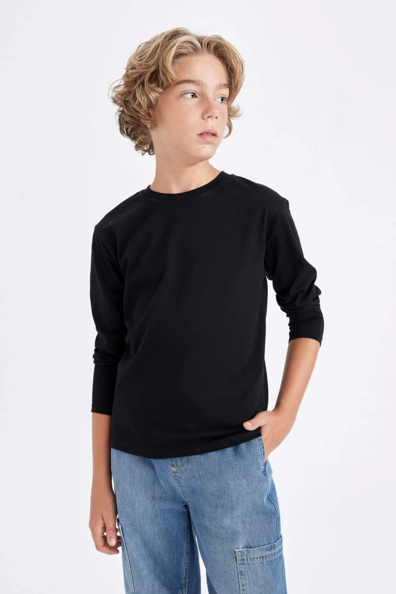 ديفاكتو Boy's Crew Neck Basic Plain Black Long Sleeve School T-Shirt K1686A624AU