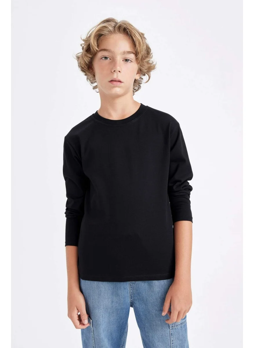 DeFacto Boy's Crew Neck Basic Plain Black Long Sleeve School T-Shirt K1686A624AU