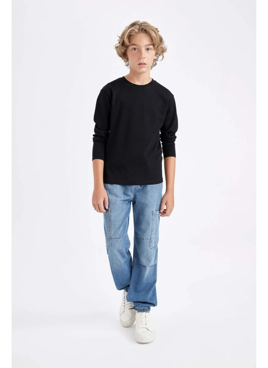 DeFacto Boy's Crew Neck Basic Plain Black Long Sleeve School T-Shirt K1686A624AU