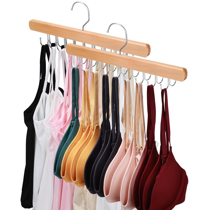 NECAMOCU 2 Pack Bra Hanger for Closet Organizer Premium Wooden Tank Top Hangers with 36 Foldable Hooks 360 Rotating Design Space Saving Storage for Tank Tops Bras Scarves and More - Image 2