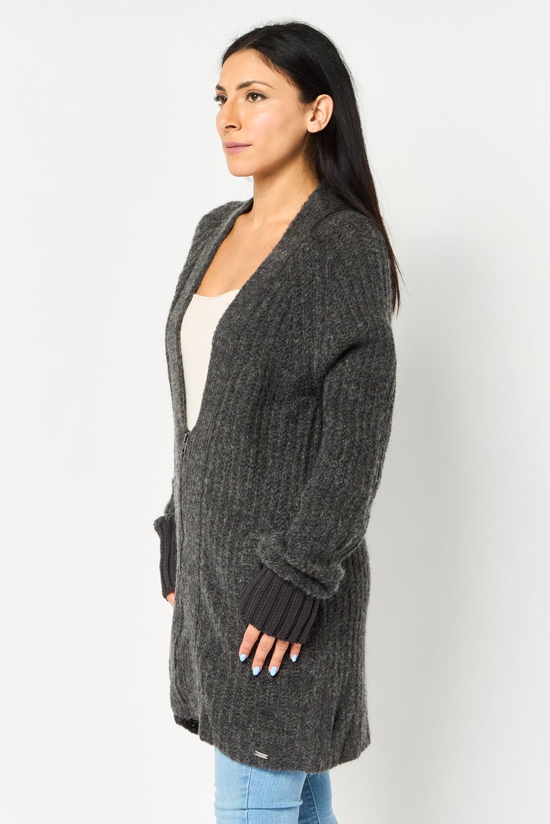 Tigha Women V-Neck Textured Cardigan, Dark Grey - Image 4