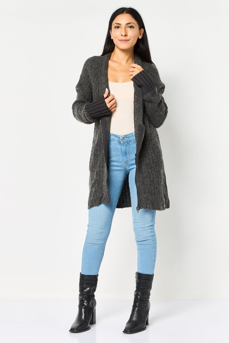 Tigha Women V-Neck Textured Cardigan, Dark Grey - Image 3