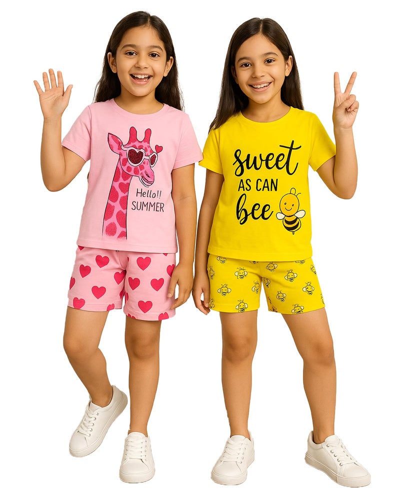 Kuchipoo Girls Regular Fit Cotton T-Shirts and Shorts Set (KUC-NSUT-152, 5-6 Years, Multi-Colored) - Image 1