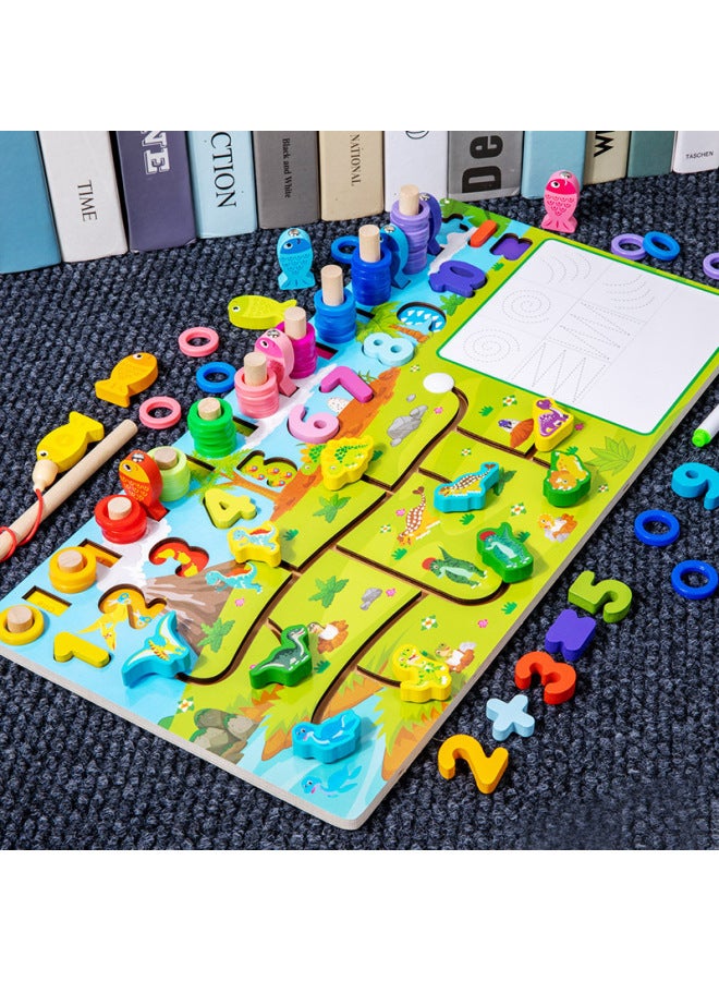 Children's Wooden Early Education Puzzle Development Multi-functional Traffic Logarithmic Board Digital Cognitive Puzzle Building Block Toy-Color:qzy-four Moving Logarithmic Board-dinosaur 0.8 - Image 1