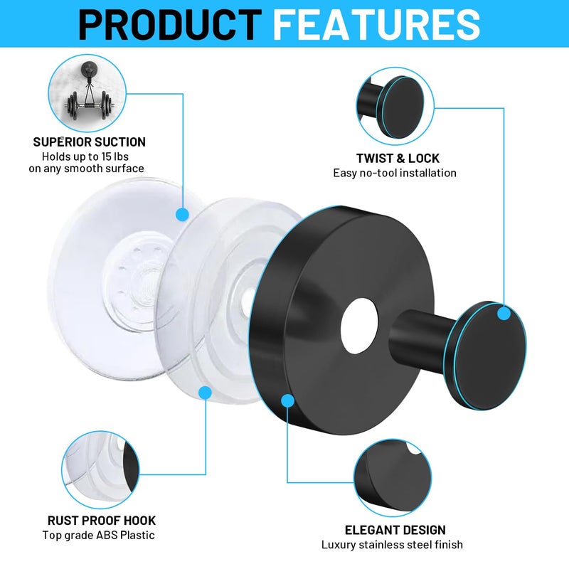 AMAZOPEN 2 PCS Suction Cup Hooks for Shower, 15 lbs (max) Removable Towel Hooks for Bathroom Window Glass Door Wall, Versatile Black Shower Hook, Bath Robe Looafh Hook for Hanging - Black - Image 3