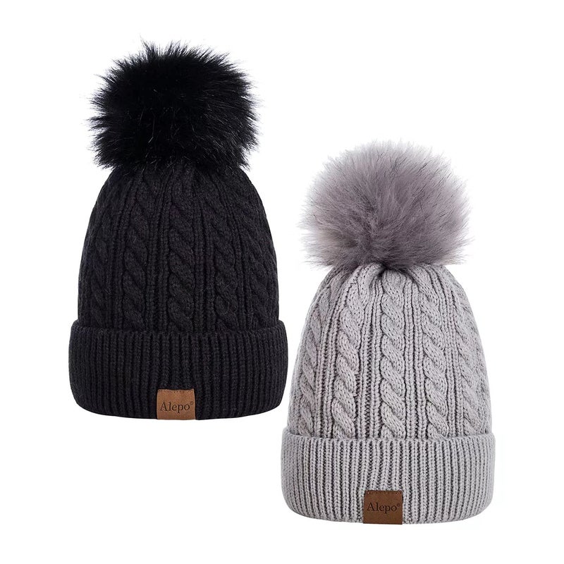 Alepo Womens Winter Beanie Hat, Warm Fleece Lined Knitted Soft Ski Cuff Cap with Pom Pom(Black+Soft Gray) - Image 1