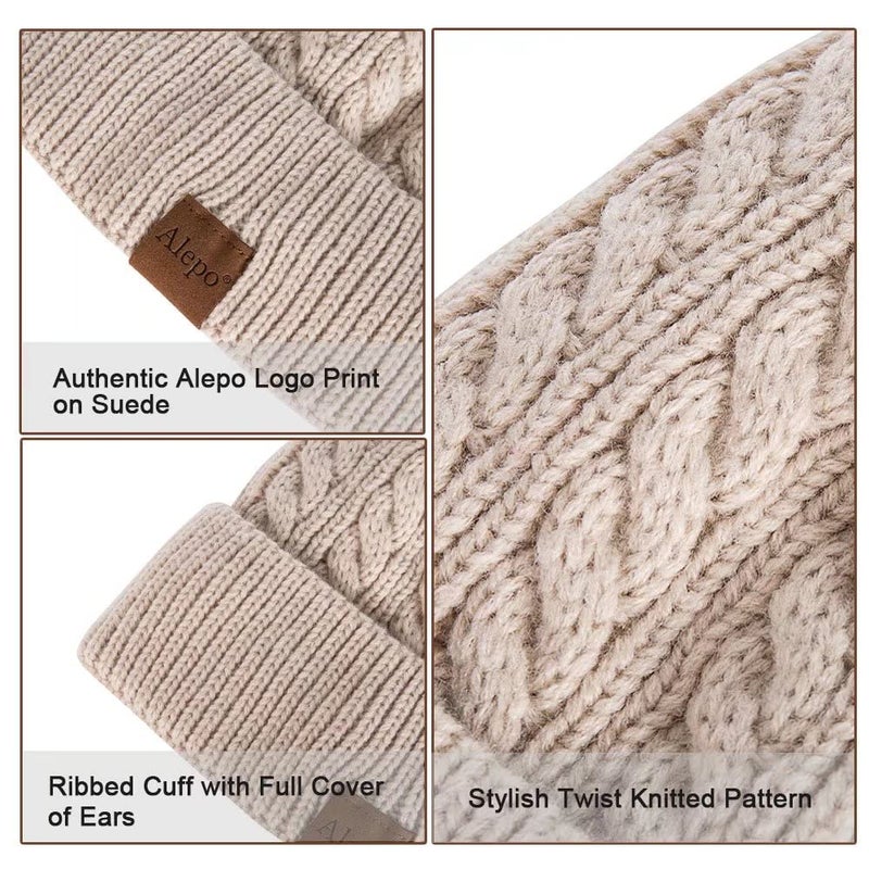 Alepo Womens Winter Beanie Hat, Warm Fleece Lined Knitted Soft Ski Cuff Cap with Pom Pom(Black+Soft Gray) - Image 4