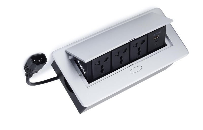 BOXNUBE Hydraulic Pop UP Box Cable Cubby Extension Board with 3 x Universal Power Sockets & 1 x USB Type C & 1 x USB A Ports (Silver) - Image 1