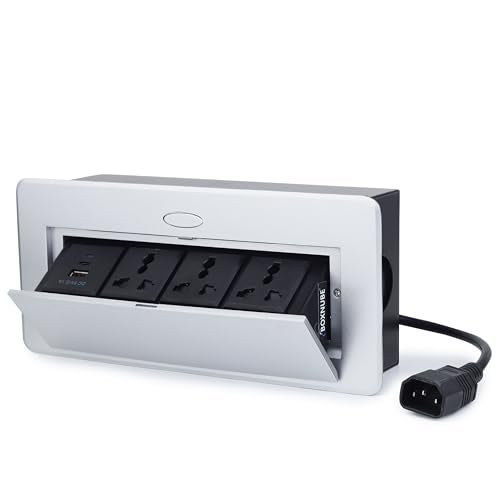 BOXNUBE Hydraulic Pop UP Box Cable Cubby Extension Board with 3 x Universal Power Sockets & 1 x USB Type C & 1 x USB A Ports (Silver) - Image 4