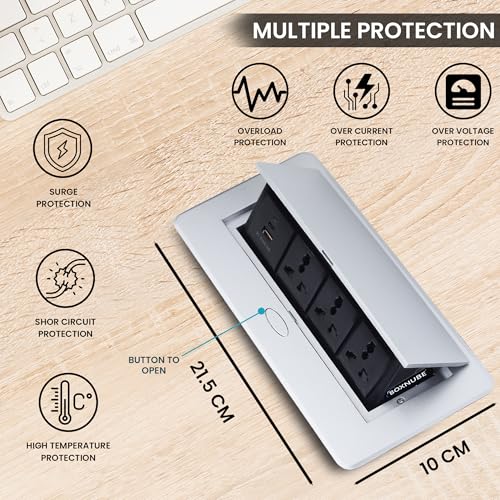 BOXNUBE Hydraulic Pop UP Box Cable Cubby Extension Board with 3 x Universal Power Sockets & 1 x USB Type C & 1 x USB A Ports (Silver) - Image 3