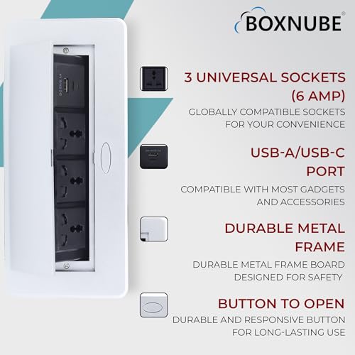 BOXNUBE Hydraulic Pop UP Box Cable Cubby Extension Board with 3 x Universal Power Sockets & 1 x USB Type C & 1 x USB A Ports (Silver) - Image 2