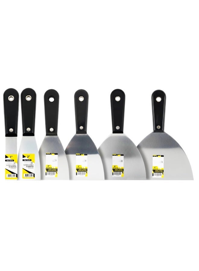 Hitex Tower Stainless Steel Scraper Set of 6 Pcs – Heavy-Duty Flexible Putty Knife for Wall Repair, Paint Removal & Surface Preparation – 1", 2", 3", 4", 5" 6" - Image 1