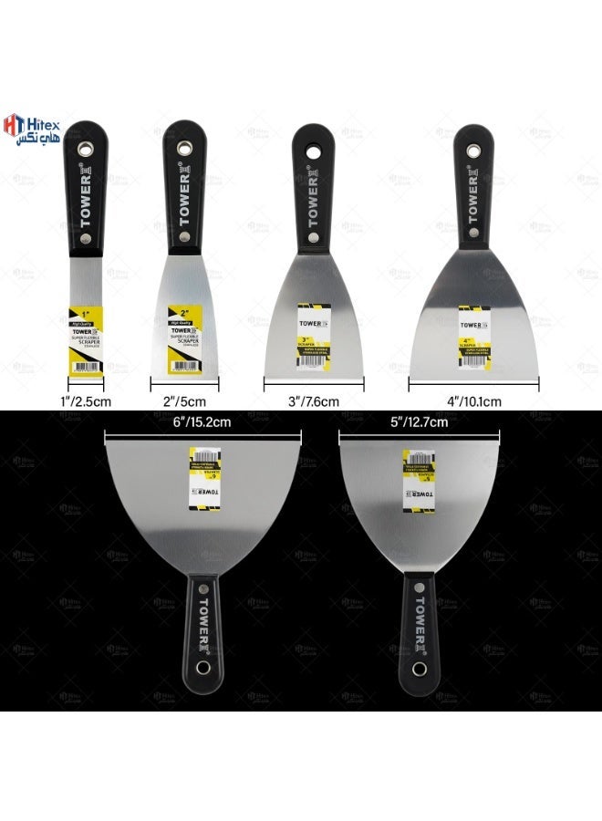 Hitex Tower Stainless Steel Scraper Set of 6 Pcs – Heavy-Duty Flexible Putty Knife for Wall Repair, Paint Removal & Surface Preparation – 1", 2", 3", 4", 5" 6" - Image 2