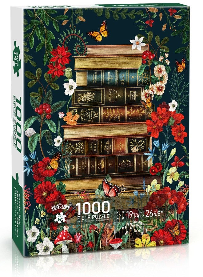 BenBen Puzzles for Adults 1000 Pieces, Vintage Books and Wildflower Jigsaw Puzzle with Letters on Back, Challenging Puzzles for Family Game Night Home Décor, Book Lovers Gifts - Image 1