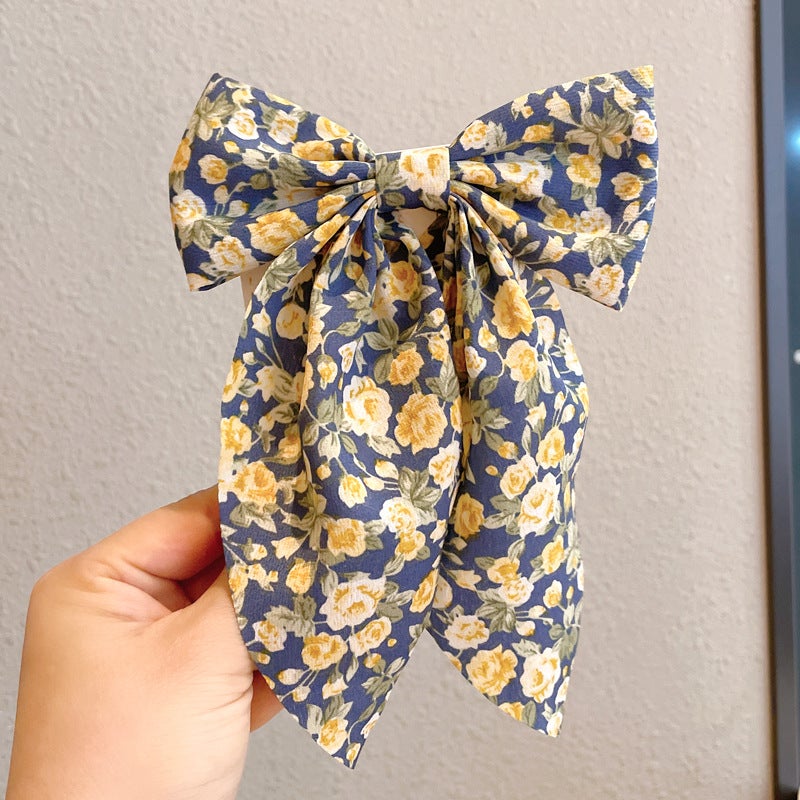 Generic Retro French pastoral style Mori small floral bow ribbon hairpin ponytail duckbill clip back head top clip for women 341 Blue