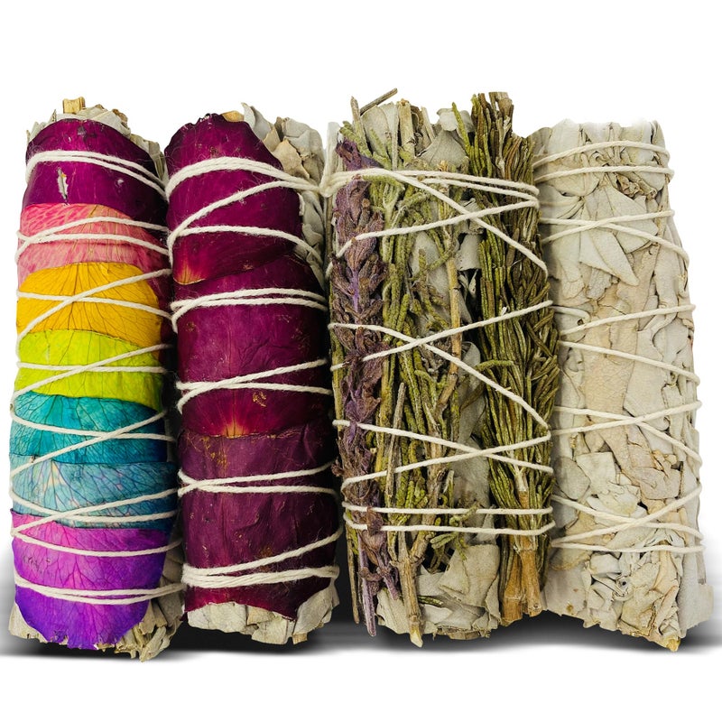 Bholi Sage Plus Sage Smudge kit Rosemary Lavender White Sage Rose with White Sage Sustainably Sourced from California Dried Sage Sticks for Home Cleansing Blessing