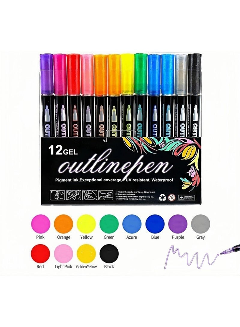 12-colour double-line dual-tip metallic marker pens and colouring highlighter pens for graffiti, specially designed for art enthusiasts; colourful double-line outline markers suitable for art creation, drawing, card making, and DIY crafts - Image 2