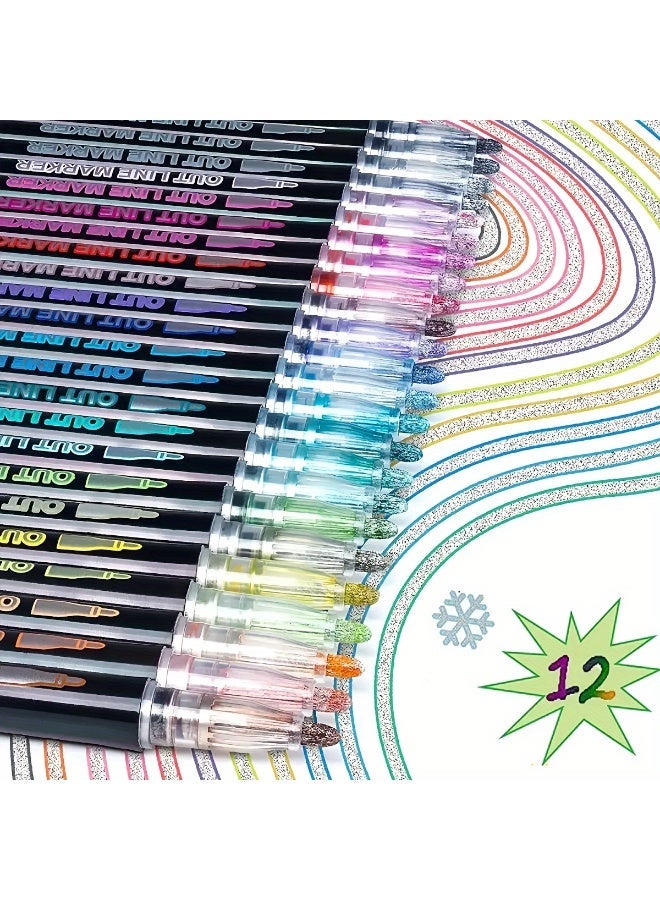 12-colour double-line dual-tip metallic marker pens and colouring highlighter pens for graffiti, specially designed for art enthusiasts; colourful double-line outline markers suitable for art creation, drawing, card making, and DIY crafts - Image 1