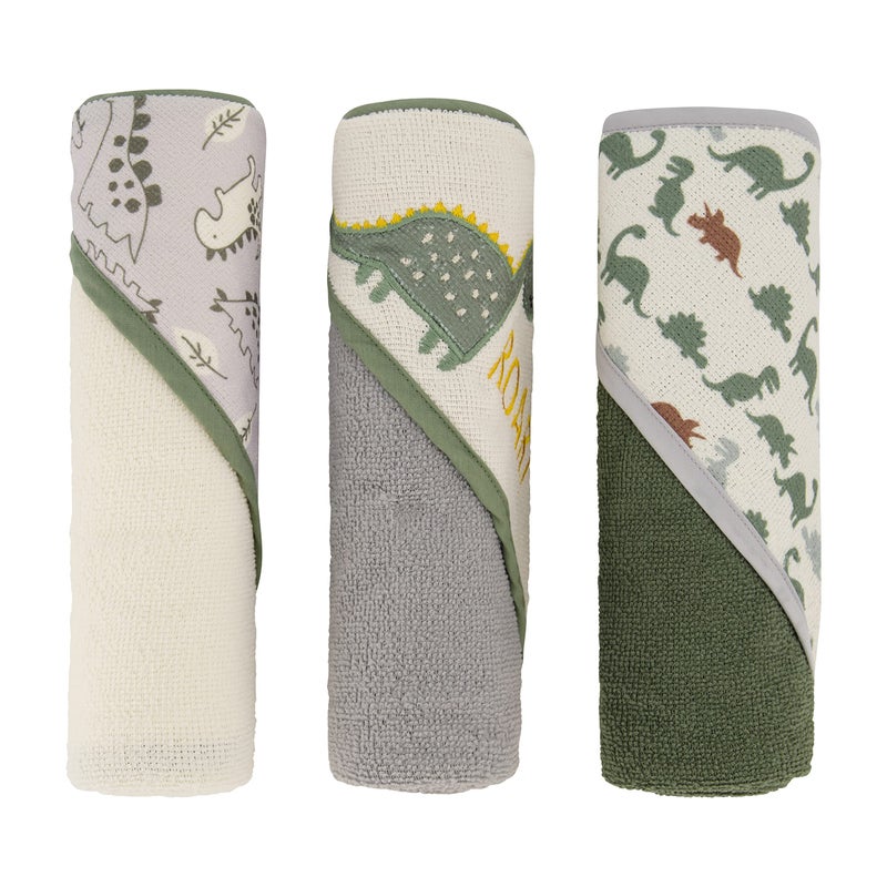 Cudlie Buttons & Stitches Baby Boy 3 Pack Rolled/Carded Hooded Towels in Dino Roar Print (GS71721) - Image 1
