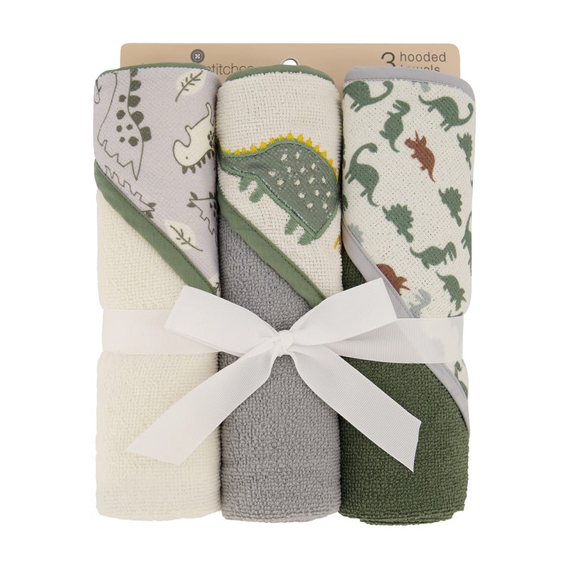 Cudlie Buttons & Stitches Baby Boy 3 Pack Rolled/Carded Hooded Towels in Dino Roar Print (GS71721) - Image 2