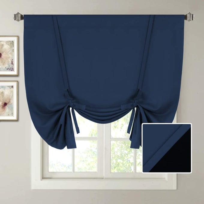 H.VERSAILTEX HVERSAILTEX 100 Blackout Tie Up Curtains for Bedroom Thermal Insulated Kitchen Curtains 42W x 45L Long Rod Pocket Blackout Curtains for Small Window  Bathroom with Black Liner Navy