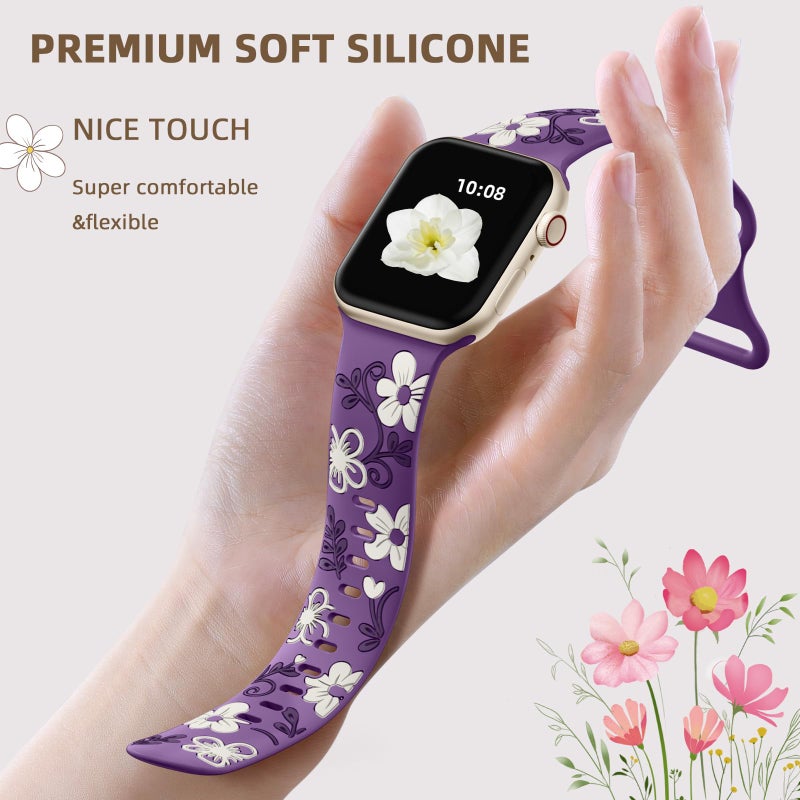 Witzon Cute Floral Band Compatible with Apple Watch Bands For Women 42mm 41mm 40mm 38mm 44mm 45mm 46mm 49mm, Engraved Flower Soft Silicone Inlay Strap for iWatch Series 11 10 9 8 7 6 5 4 3 2 SE Ultra - Image 3