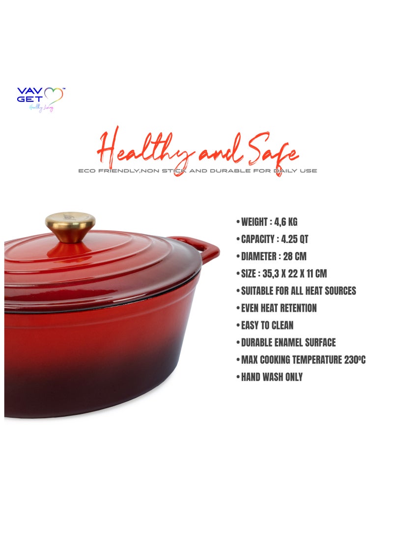 VAV - Enameled Cast Iron Oval Casserole Dish with Lid - 4.25 Quart Enamel Oval Cookware Pot - Enameled Cast Iron Dutch Oven with Lid - Image 1