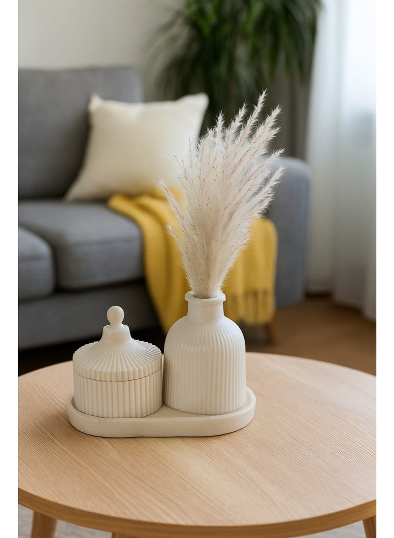 طقم ديكور منزلي من الراتينج مكون من 4 قطع - مزهرية، جرة بغطاء، صينية عرض