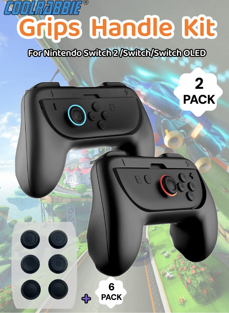 CoolRabbie Grip for Nintendo Switch 2/1 Joy-Con, Joycon Grips for NS2/NS/OLED, Non-Slip 2-Pack Black, With 6 Pcs Thumb Grip Caps for Joy-Con 2 Controllers - Image 1