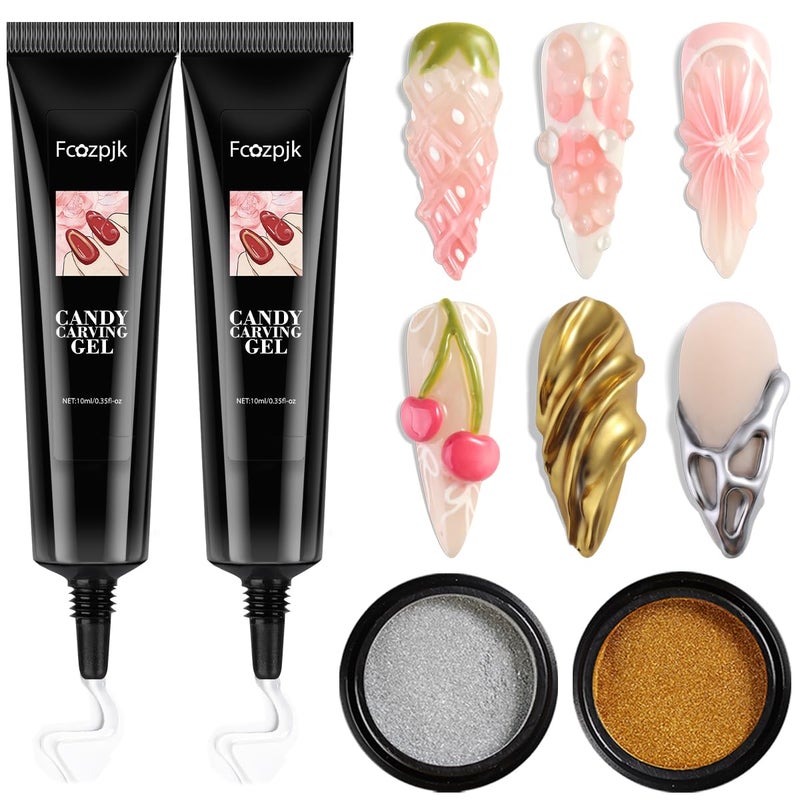 Fcozpjk 3D Sculpting Gel for Nail Art, 2PCS 10g Clear 3D Gel Liner Polish Carving Modeling Gels for Nail Design, 5D Embossed Candy Gels with Gold Silver Chrome Powder Kit - Image 3