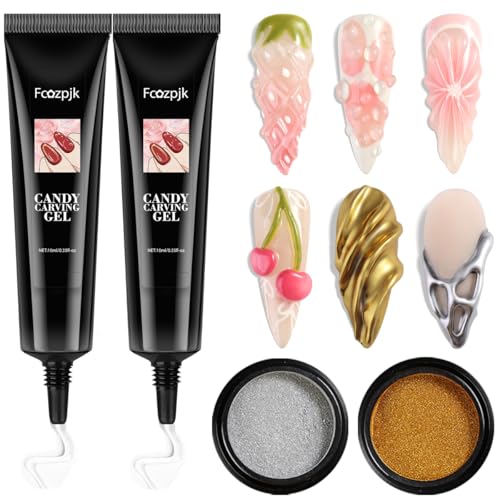 Fcozpjk 3D Sculpting Gel for Nail Art, 2PCS 10g Clear 3D Gel Liner Polish Carving Modeling Gels for Nail Design, 5D Embossed Candy Gels with Gold Silver Chrome Powder Kit - Image 1