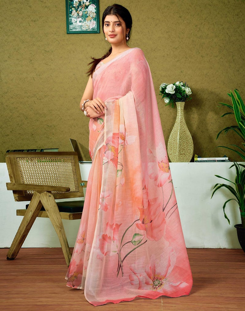 SIRIL Women's Cotton Linen Printed Ready to Wear Saree with Blouse, One Minute Saree Ready to Wear (35RS331_Pink) - Image 2