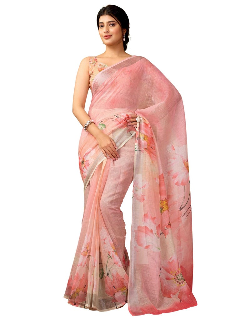 SIRIL Women's Cotton Linen Printed Ready to Wear Saree with Blouse, One Minute Saree Ready to Wear (35RS331_Pink) - Image 1