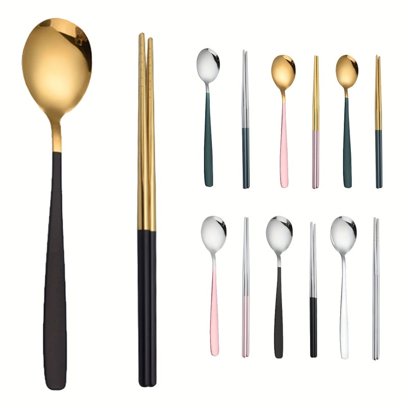 2pcs Pink Silvery Spoon and Chopsticks Glossy Finish Cutlery Set for Dining Camping - Image 1