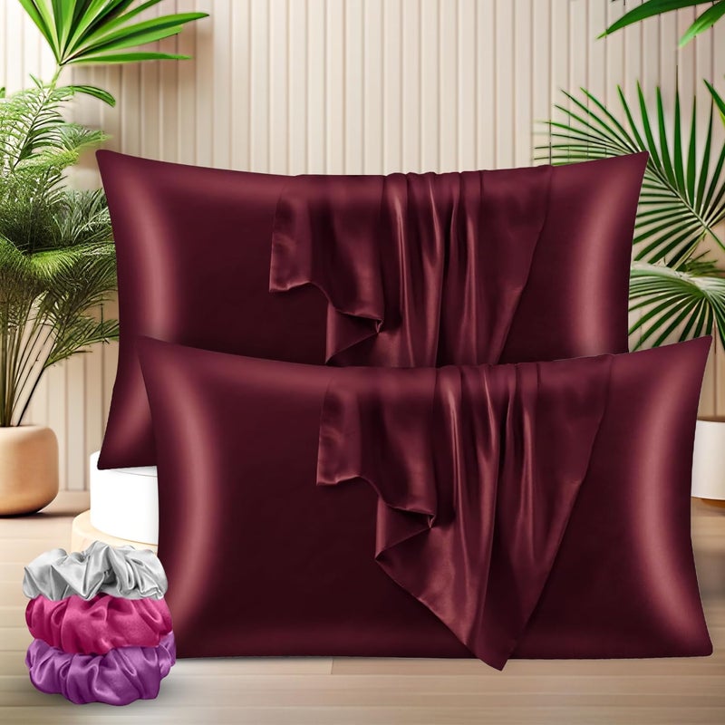 SITTELLA® Set of 2 Satin Silk Pillow Cover and 3 Scrunchies with Envelope Closure End and Design, Soft Pillow Case for Hair and Skin (Maroon) - Image 1
