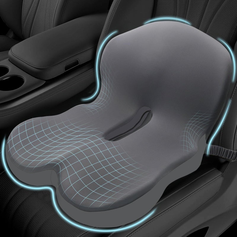 Mosxoed Memory Foam Seat Cushion for Sciatica & Back Pain Relief - Ergonomic Chair Pad with Adjustable Strap & Supportive Comfort Cover, Non-Slip for Car, Truck, Office Chair - Dark Gray - Image 1