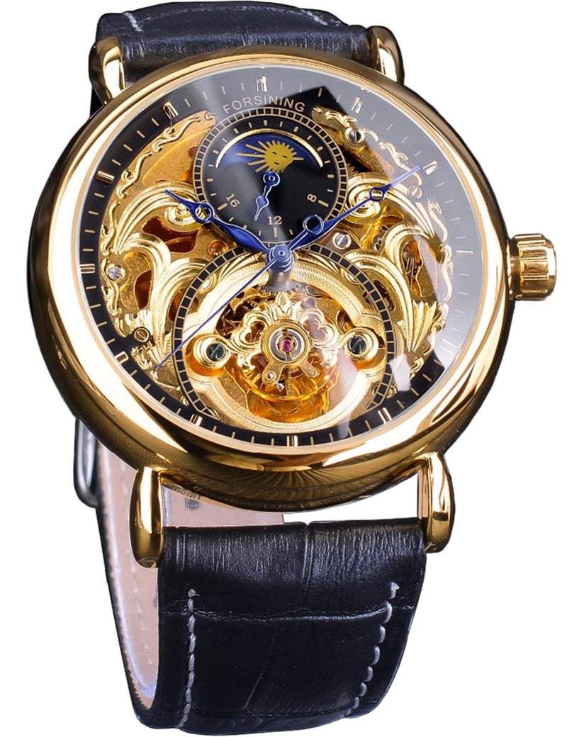 FORSINING Luxury Mens Watch with Moon Phase Tourbillon Retro Skeleton Hollow SelfWind Mechanical Wristwatch Leather Belt Automatic Movement Men Watches Gold Black - Image 2