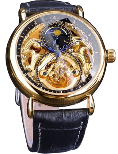 FORSINING Luxury Mens Watch with Moon Phase Tourbillon Retro Skeleton Hollow SelfWind Mechanical Wristwatch Leather Belt Automatic Movement Men Watches Gold Black - Image 1