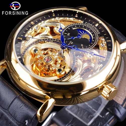FORSINING Luxury Mens Watch with Moon Phase Tourbillon Retro Skeleton Hollow SelfWind Mechanical Wristwatch Leather Belt Automatic Movement Men Watches Gold Black - Image 3