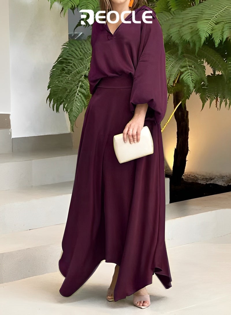 REOCLE Home Suit Autumn Loose Large Size Solid Color Long Sleeve Top High Waist Half Long Skirt Suit Home Clothing Sports Suit  - Image 2