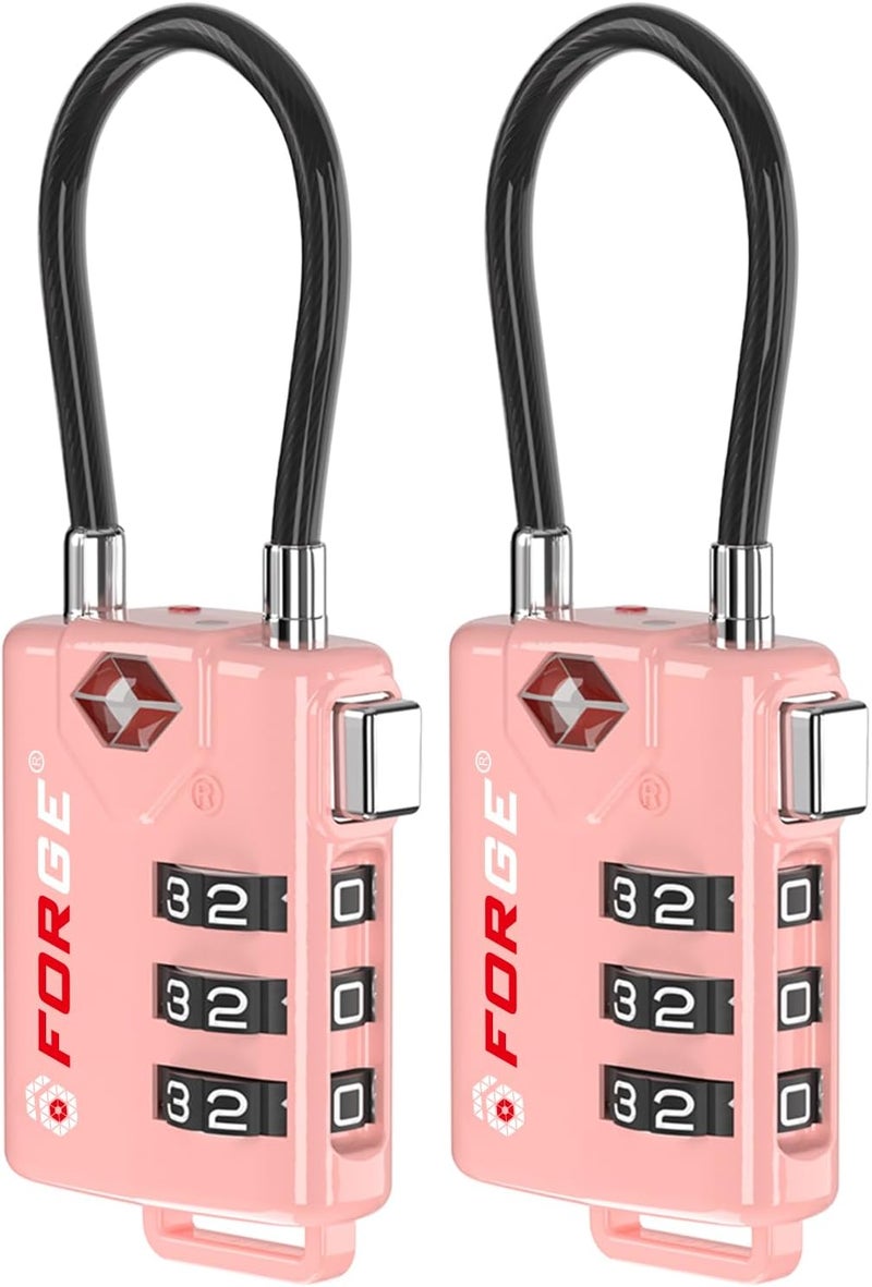 Forge TSA Approved Cable Luggage Locks, 2 Pink Locks, Re-settable Combination with Alloy Body - Image 1