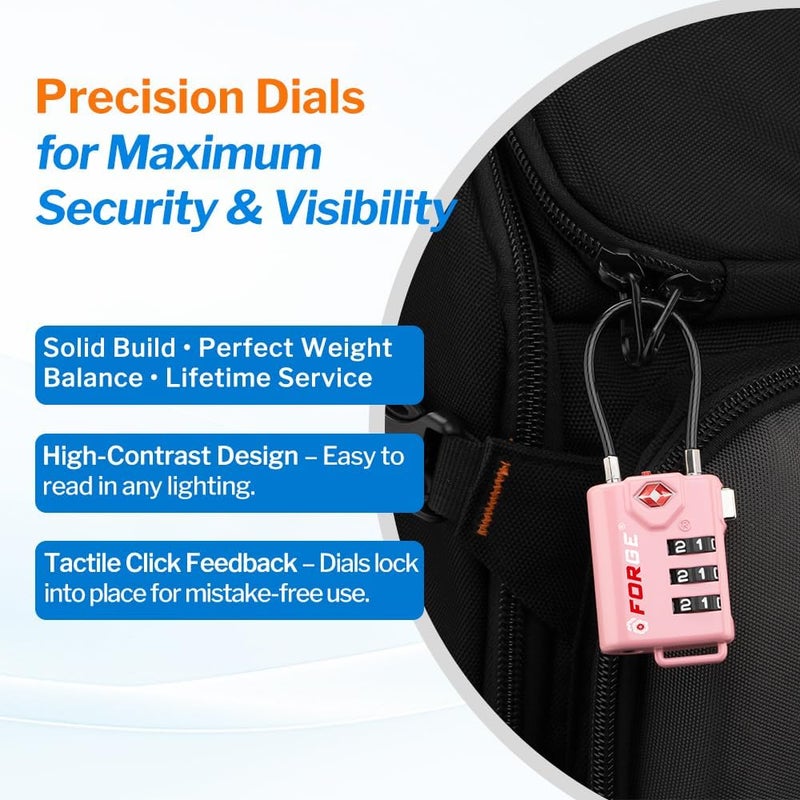 Forge TSA Approved Cable Luggage Locks, 2 Pink Locks, Re-settable Combination with Alloy Body - Image 4